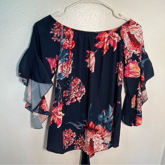 Off Shoulder Blouse Blue Red Floral Tie Front - Picture 10 of 13